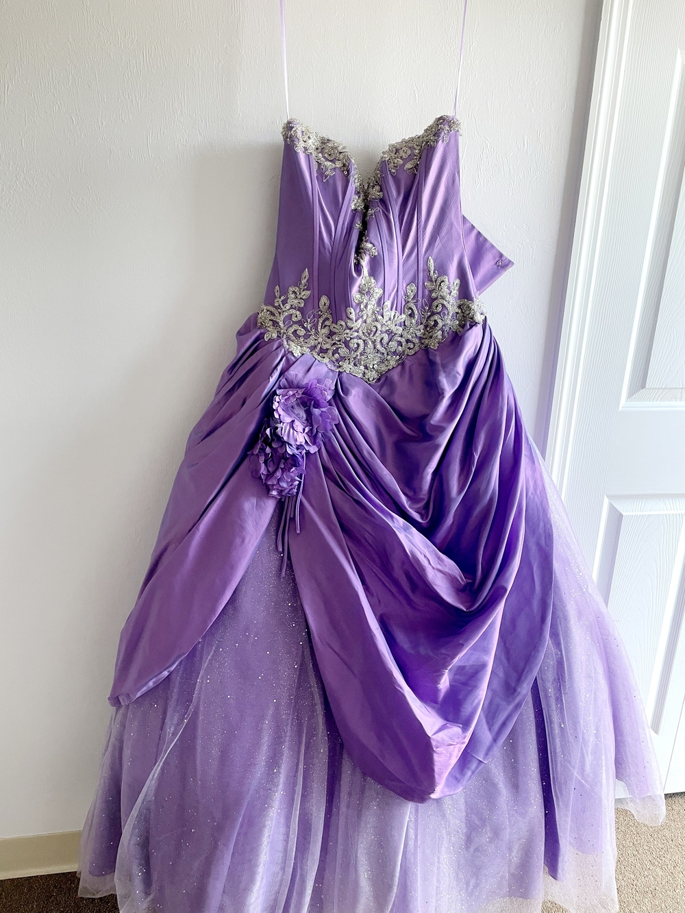 Allure Lilac Strapless Ball Gown with Silver Embellishment Size 6